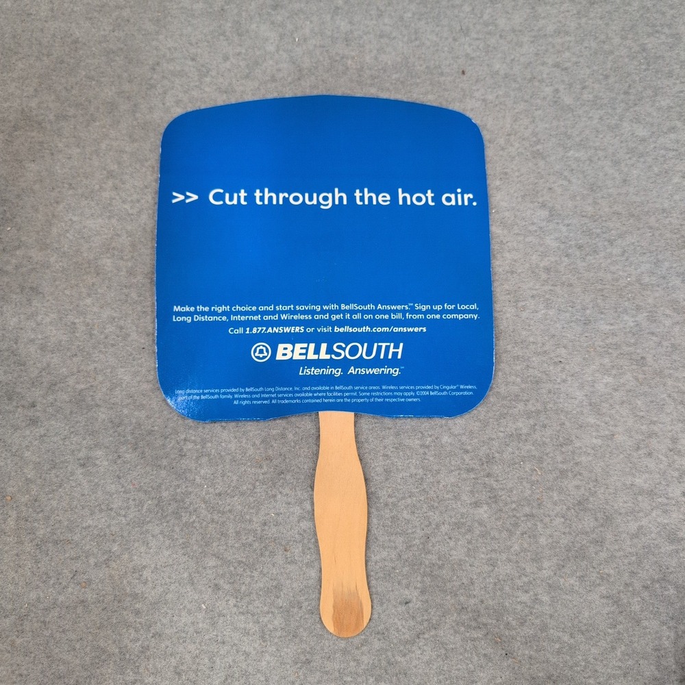 Vintage 2004 BellSouth Promotional Hand Fan Blue White Wood Handle Advertising